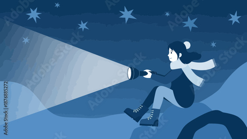Girl Explores The Night With A Flashlight Under Starry Sky Illustration