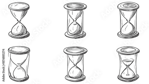 Set of six hand-drawn hourglass illustrations in various stages of sand flow with detailed shading and texture