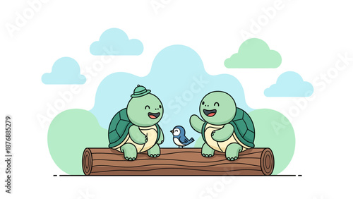 Friendly Turtles Chatting With a Bird On a Log In a Forest Setting
