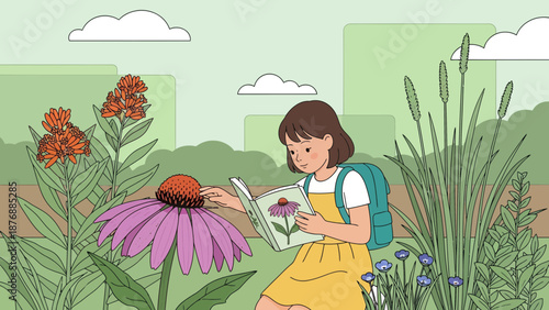 Girl Exploring Nature While Reading a Book in the Garden Surrounded by Plants