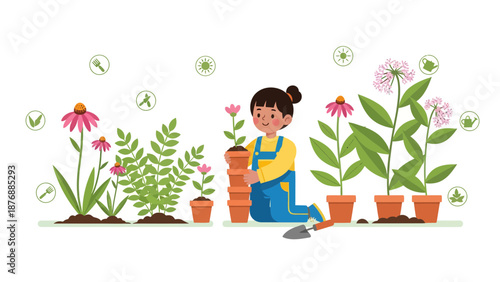 Girl Gardening Plants In Flowerpots Cartoon Illustration With Garden Elements
