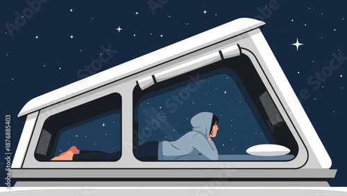 Girl In Camper Enjoying Stargazing Expedition During Night Time Under Starry Sky