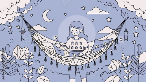 Girl In Hammock Under Crescent Moon In Night Minimal Illustration Line Art