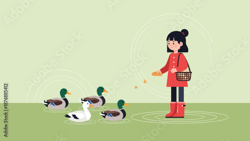 Girl In Red Boots Feeding Ducks On A Peaceful Pond In Autumn Season