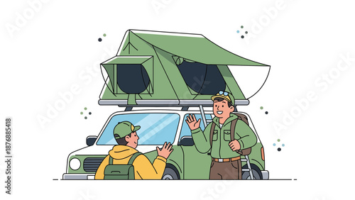 Friends Enjoying Overland Adventure With Roof Tent On Car For Outdoor Recreation