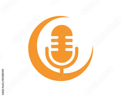 A vibrant orange vector graphic of a microphone icon within a crescent moon shape, symbolizing nighttime radio broadcasting or podcasting.