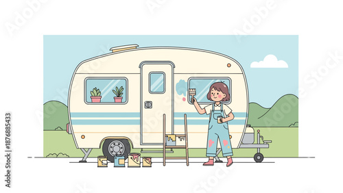 Girl Is Painting Her Campervan For A Relaxing Trip Into The Countryside Summer