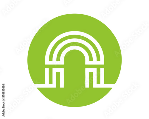 A minimalist vector graphic of a rainbow arch bridge in a green circle