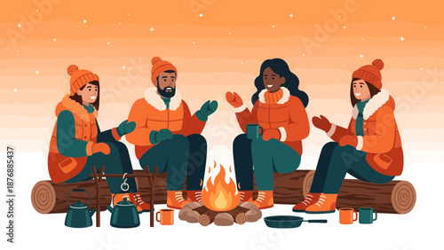 Friends Gathered Around Bonfire Celebrating Winter Holidays In Nature