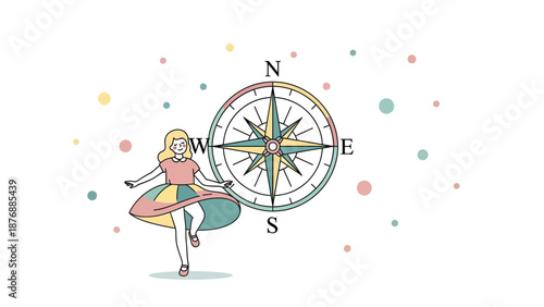 Girl In Whimsical Dance With Compass Rose And Colorful Confetti Background