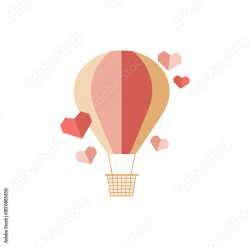 A colorful hot air balloon with hearts floating in the air, symbolizing love and freedom.