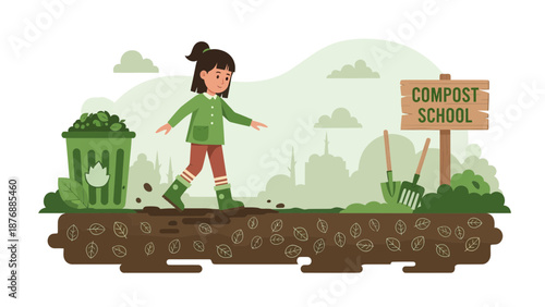 Girl Learning About Composting And Waste Reduction In A School Garden