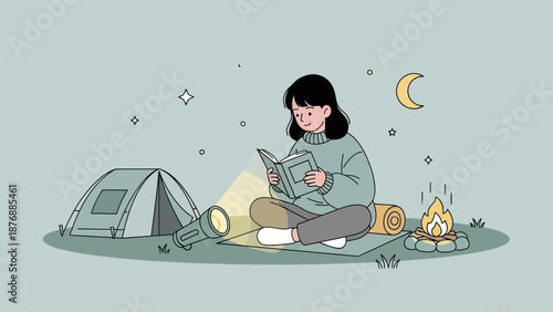 Girl Reading Book At Night Under Stars During Camping Adventure Illustration