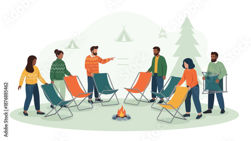 Friends Gathering Around Campfire Arranging Chairs For Outdoor Recreation
