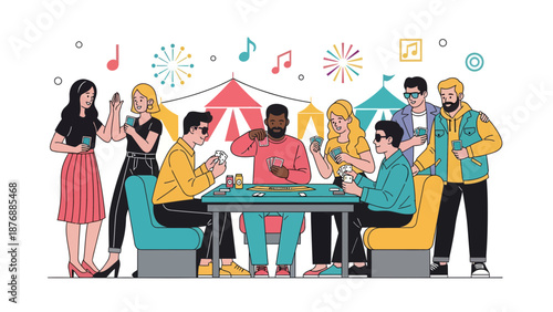 Friends Gathering For Game Night In Vibrant Setting Enjoying Lively Atmosphere