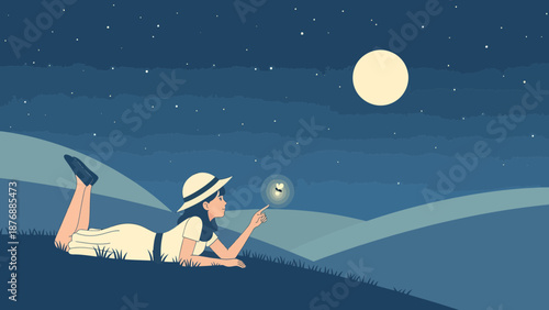 Girl Lies On Hillside Watching Firefly Under Moonlight In Night Sky