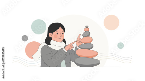 Girl Maintaining Balance Stones Tower Demonstrating Patience And Relaxation Concept