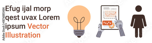 Innovation, technology, artificial intelligence, data analysis, gender equality, creative idea. Visual includes a light bulb, robot hand with tablet and female silhouette. Innovation and technology