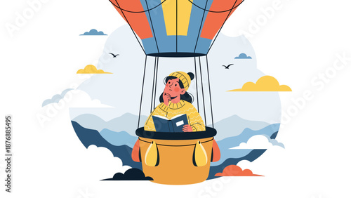 Girl Reading In Hot Air Balloon Dreaming Above Mountainscape Vacation Escape