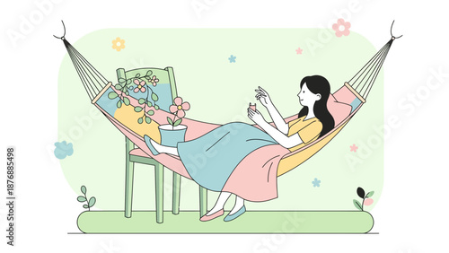 Girl Relaxing In Hammock Enjoying Nature And Refreshment On Warm Day