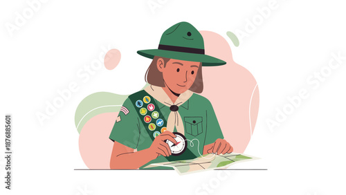 Girl Scout Navigating Wilderness Adventure With Compass And Map