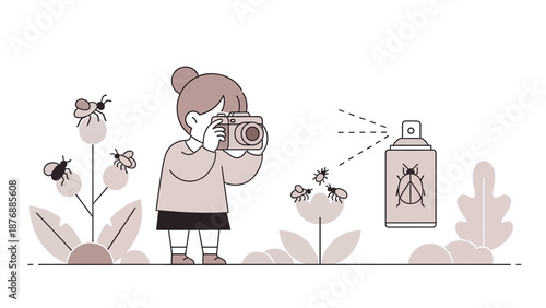Girl Photographing Bugs And Pest Control Spray In The Garden Illustration