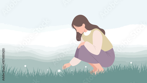 Girl Picking Wildflowers In Meadow Serene Outdoor Scene Of Peaceful Connection