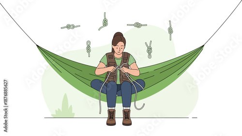 Girl Sitting In Hammock Tying Knots Preparing For Adventure Outdoors Camping Trip