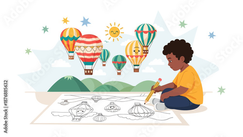Happy Boy Coloring Hot Air Balloons On Paper Creative Childhood Hobby Activity