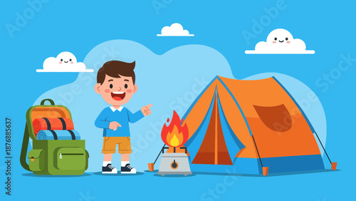 Happy Boy Enjoying Summer Vacation with Backpack and Campfire at Campsite