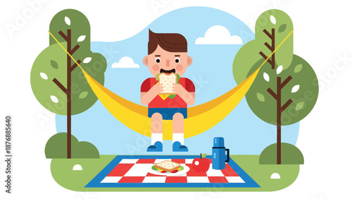 Happy Boy Enjoys Sandwich And Relaxing In Hammock Outdoor At Summer Time