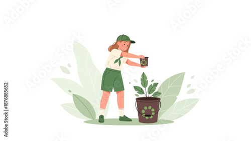 Girl Planting Young Tree In Pot Promoting Environmental Awareness Campaign