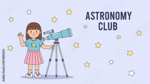 Girl Standing With Telescope In Astronomy Club Illustration Design Template