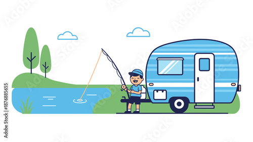 Happy Boy Fishing By The Lake Near Camper Van Illustration