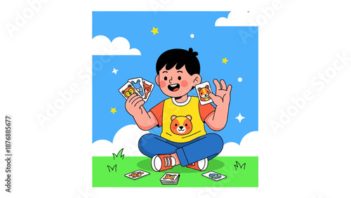 Happy Boy Playing Animal Matching Card Game Outdoors Under a Cheerful Sky