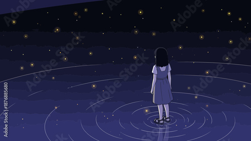 Girl Standing In Water Reflecting Starry Sky In Dreamy Illustration