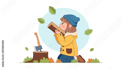 Girl Preparing For Winter Wood With An Axe And Leaves Illustration