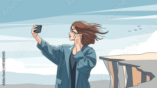 Girl Taking Selfie On Cliff Edge With Phone And Cloudy Background Illustration