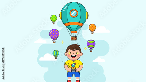 Happy Boy Playing With Radio Controlled Toy Hot Air Balloons In The Sky