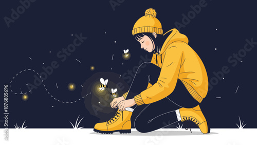 Girl Tying Her Boots with Fireflies in the Night Scene Cartoon Style
