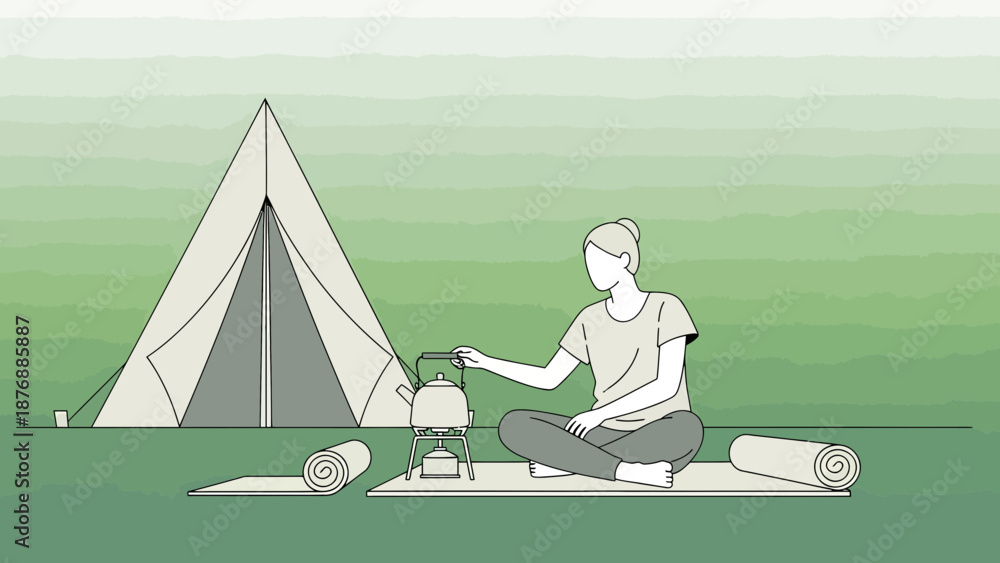 Obraz premium Glamping Lifestyle Peaceful Woman Enjoying Outdoor Leisure Time And Making Tea