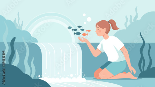 Girl With Fishes On Hand In A Beautiful Waterfall Scenery Illustration