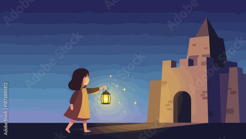 Girl With Lantern Near Medieval Castle At Night Time Adventure