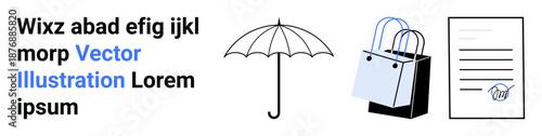 E-commerce, legal agreements, consumer protection, online shopping, business transactions, digital security. Icons of umbrella, shopping bags and a document. E-commerce and legal agreements concept