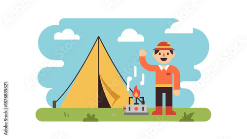 Happy Camper Greets From Sunny Outdoor Scene With Tent And Campfire