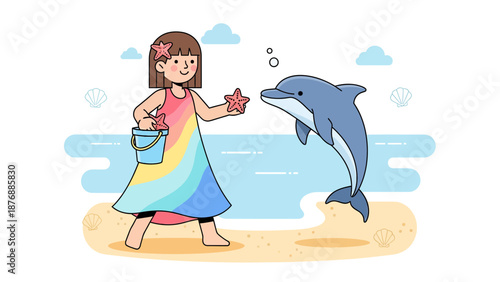 Girl With Starfish Meets Dolphin On The Beach During Summer Vacation