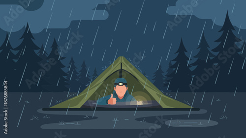 Happy Camper Sheltering In Tent During Rainfall In Remote Wilderness