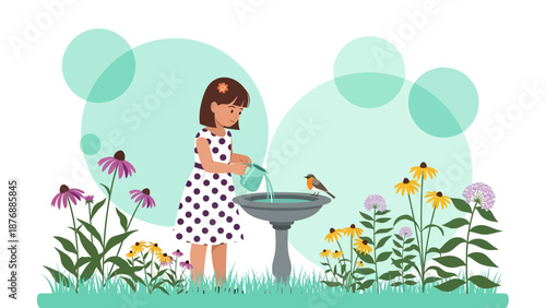 Girl With Polka Dot Dress Caring a Birdbath in a Flower Garden