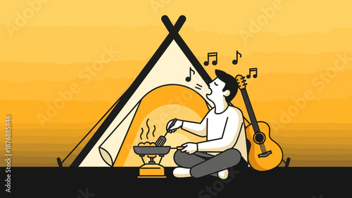 Happy Camper Singing Cooking Meal Outside Tent With Guitar Under Music Notes