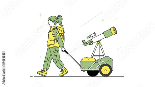 Girl With Telescope Ready For Stargazing Adventure Isolated On White Background